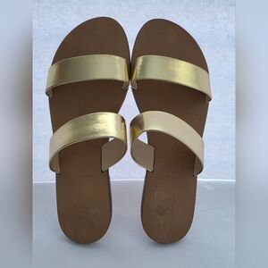 J.Crew Boardwalk Slide Sandals In Gold Metallic Two  Straps Made In Italy Sz 10